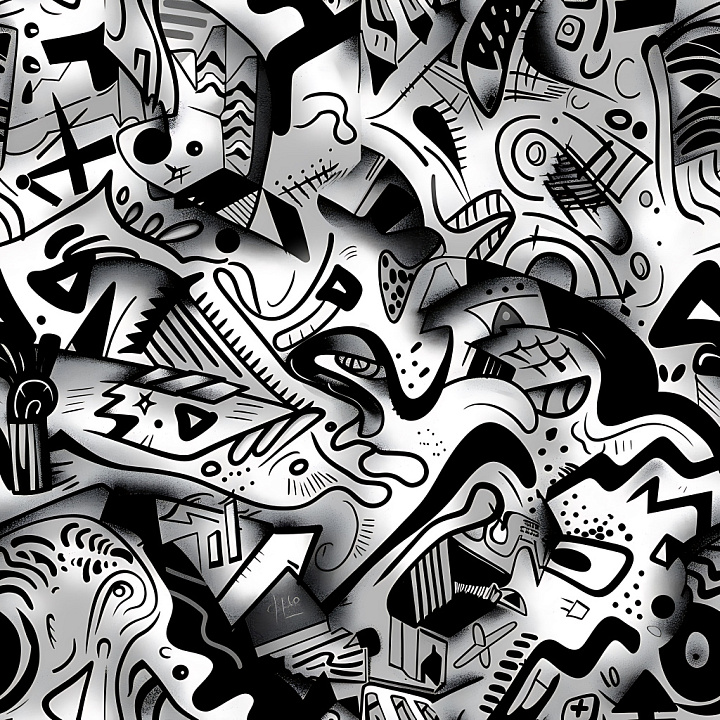 Abstract Black & White Graffiti Art seamless PBR texture preview