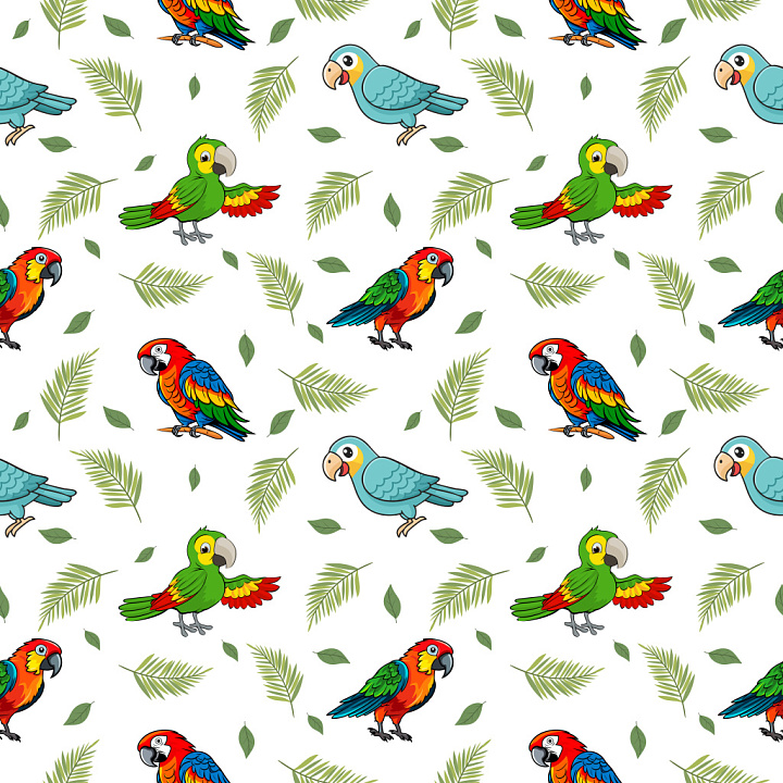 Pattern Featuring Colorful Parrots with Tropical Leaf Motifs seamless PBR texture preview