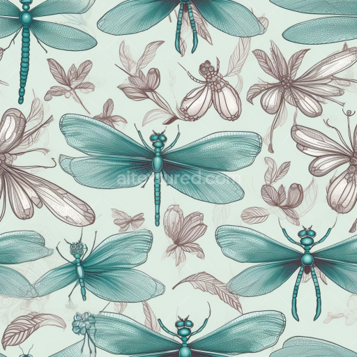 Seamless 3D PBR Texture Featuring Detailed Blue-Green Dragonfly Illustrations with Botanical Accents