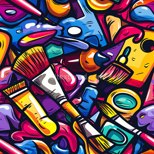 Seamless 3D PBR Texture Featuring Vibrant Graffiti Paint Brushes and Art Supplies