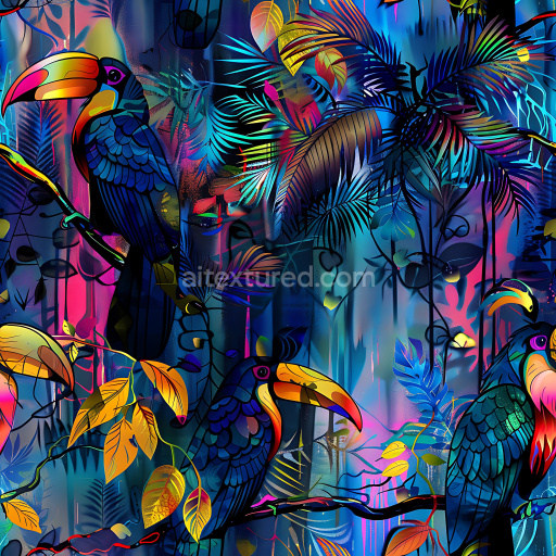 Preview — Seamless 3D PBR Texture Featuring Colorful Graffiti Tropical Birds and Foliage