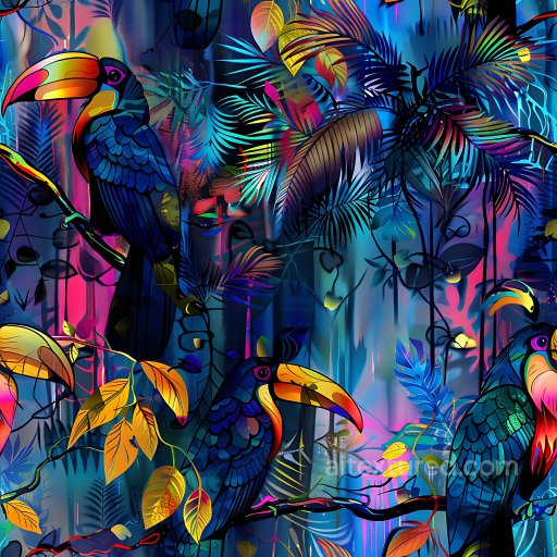 Seamless 3D PBR Texture Featuring Colorful Graffiti Tropical Birds and Foliage texture preview