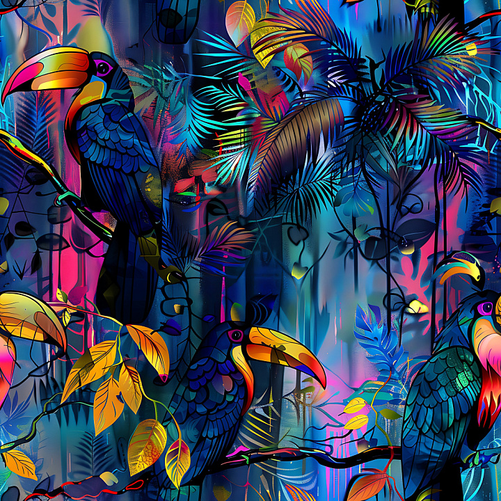 Featuring Colorful Graffiti Tropical Birds and Foliage seamless PBR texture preview