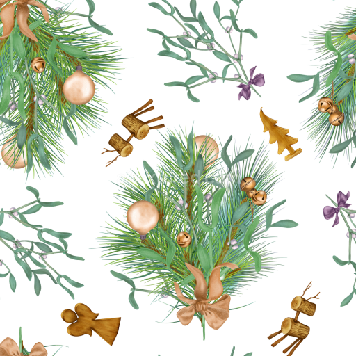Seamless 3D PBR Texture of Watercolor Christmas Pine Branches and Festive Ornaments