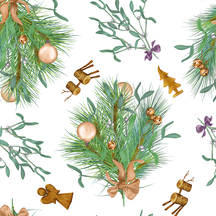 Watercolor Christmas Pine Branches and Festive Ornaments Wood seamless PBR texture preview