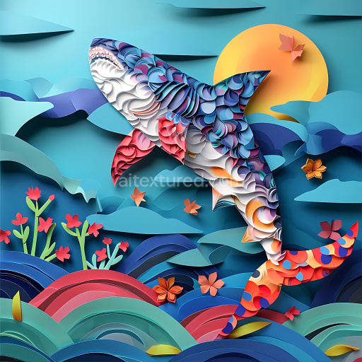 Seamless 3D PBR Texture of a Stylized Colorful Shark Pattern with Abstract Cutout Layers