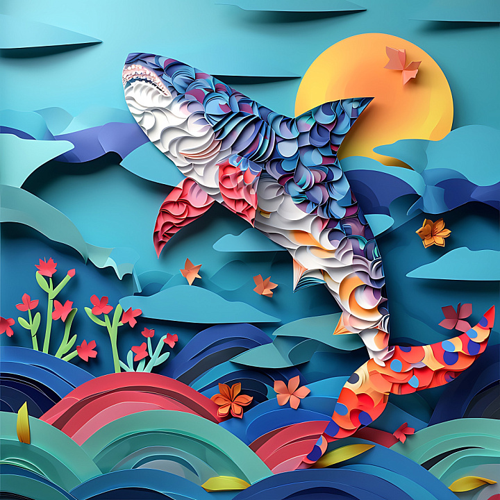 of a Stylized Colorful Shark Pattern with Abstract Cutout Layers seamless PBR texture preview