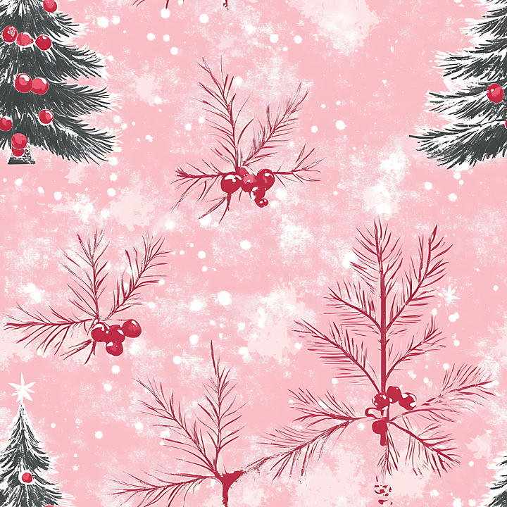Pink Christmas Digital Paper with Pine and Berries Wood seamless PBR texture preview