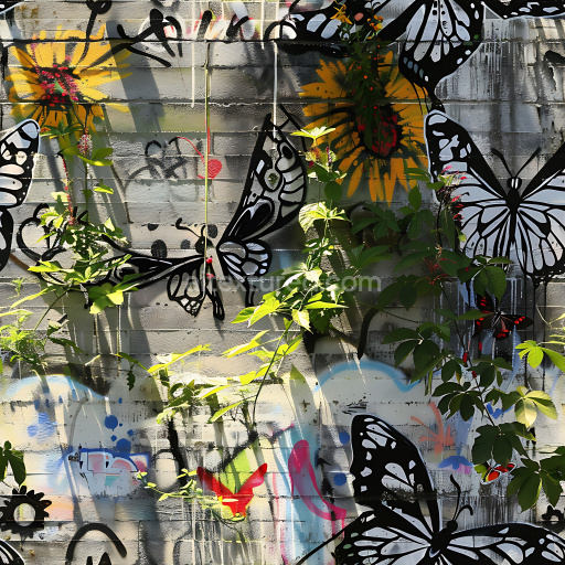 Seamless 3D PBR Texture Featuring Black and White Butterfly Graffiti on Concrete Wall