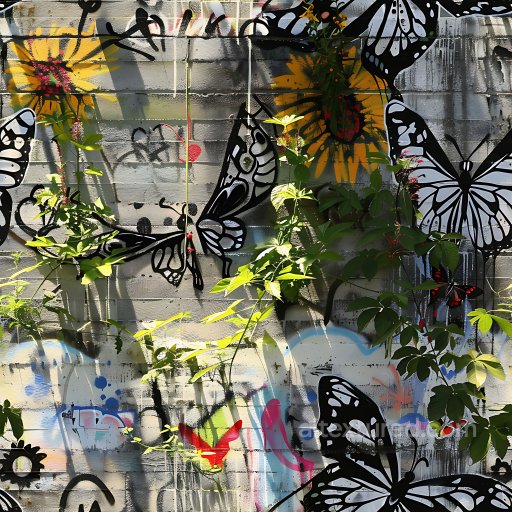 Seamless 3D PBR Texture Featuring Black and White Butterfly Graffiti on Concrete Wall texture preview
