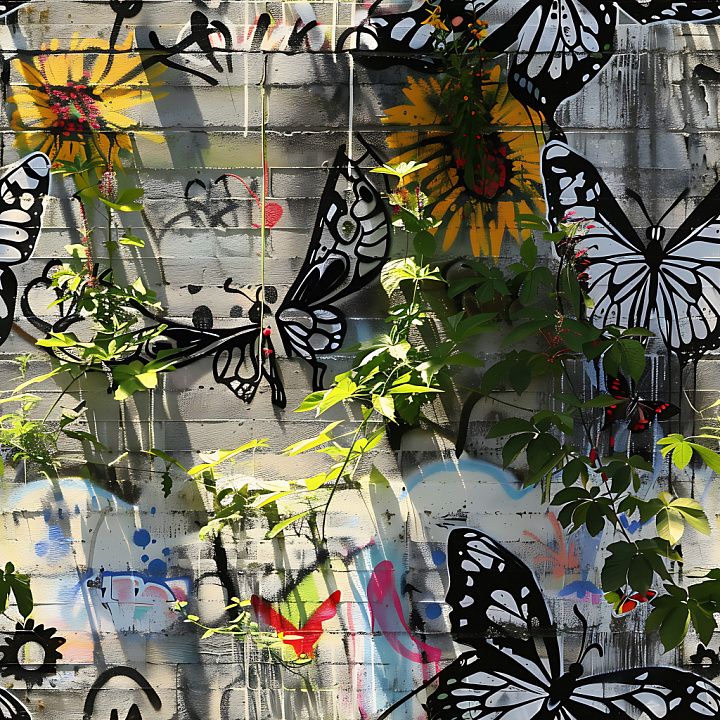 Featuring Black and White Butterfly Graffiti on Concrete Wall seamless PBR texture preview