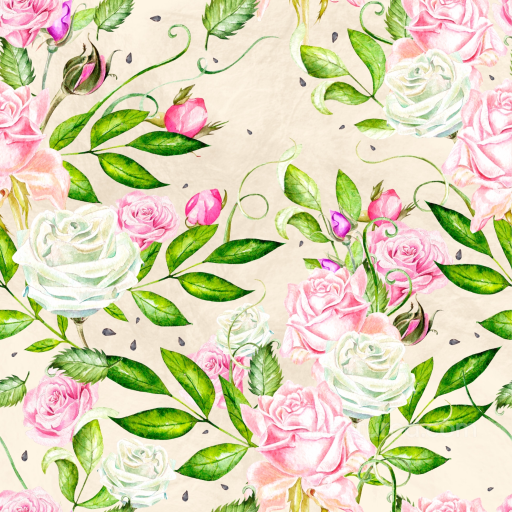 Featuring Watercolor Pink and White Roses with Green Leaves seamless Flower PBR texture