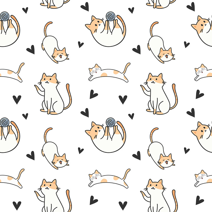 Pattern with Playful Cat Illustrations and Hearts seamless PBR texture preview