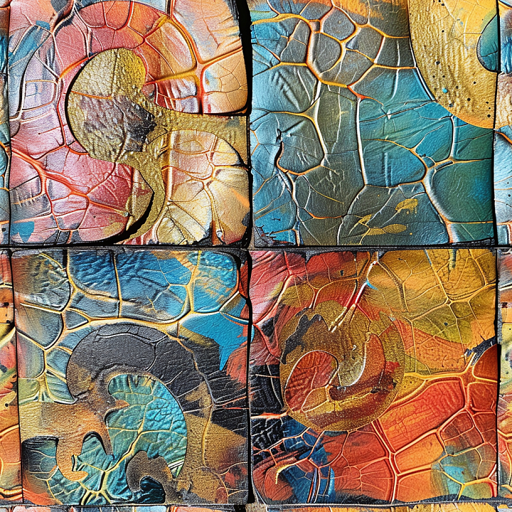 Cracked Multicolor Painted Leather with Detailed Grain and Wear seamless PBR texture preview