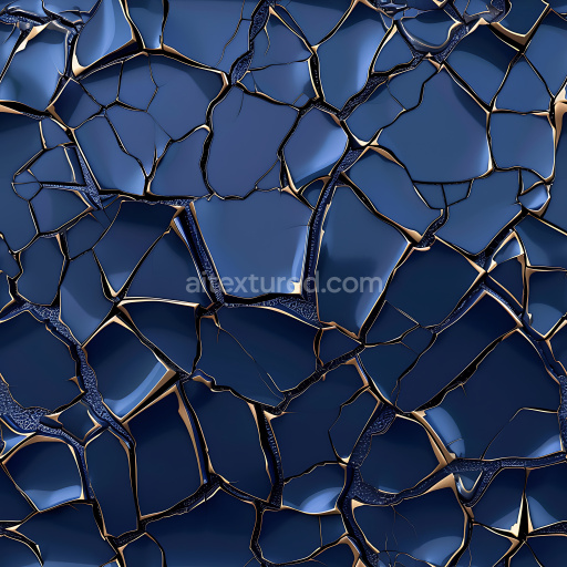Seamless 3D PBR cracked glossy blue ceramic tile texture with metallic fractures