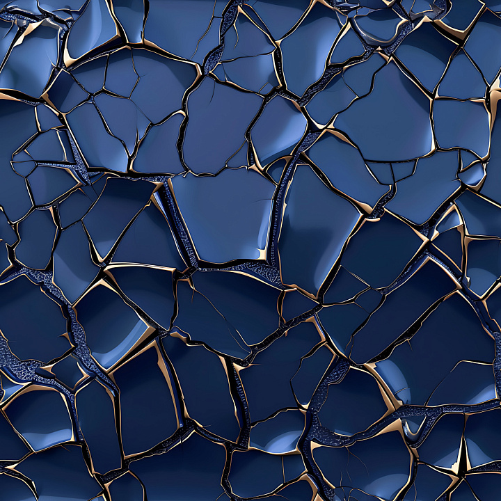Cracked Glossy Blue Ceramic Tile With Metallic Fractures seamless PBR texture preview