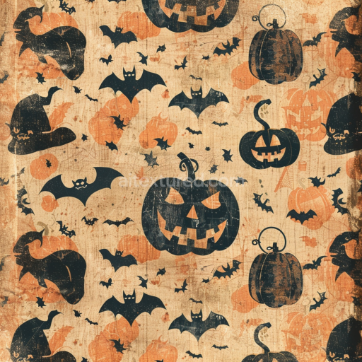 Seamless 3D PBR Texture of Vintage Halloween Fabric with Pumpkins and Bats