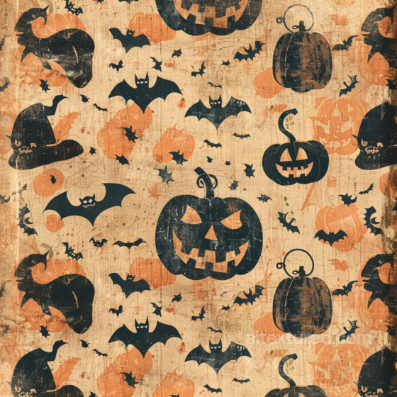 Vintage Halloween Fabric Seamless Texture with Pumpkins and Bats Vintage Halloween texture preview