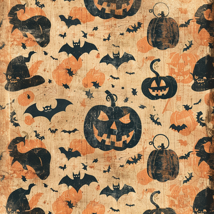 Vintage Halloween Fabric with Pumpkins and Bats seamless PBR texture preview