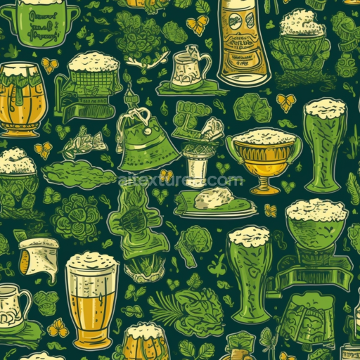 Seamless 3D PBR Texture Featuring Irish Beer Mugs and Shamrocks in Digital Paper Style