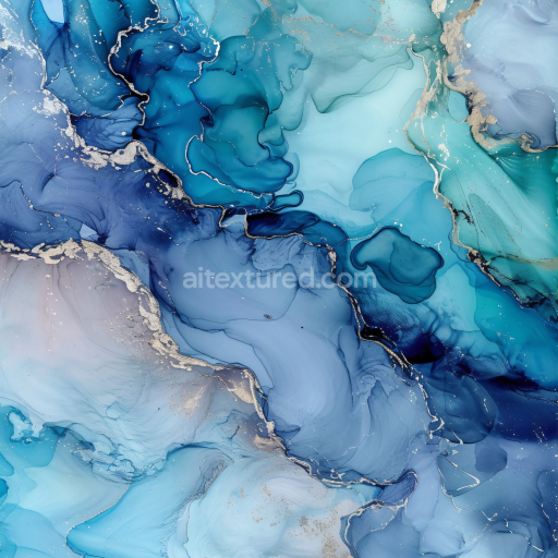 Seamless 3D Alcohol Ink PBR Texture with Blue Gold Fluid Swirls and Translucent Layers
