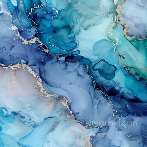 Alcohol Ink PBR Texture with Blue Gold Fluid Swirls and Translucent Layers seamless Alcohol ink PBR texture