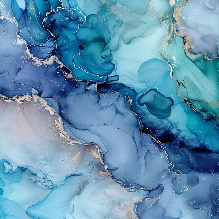 Alcohol Ink with Blue Gold Fluid Swirls and Translucent Layers seamless PBR texture preview