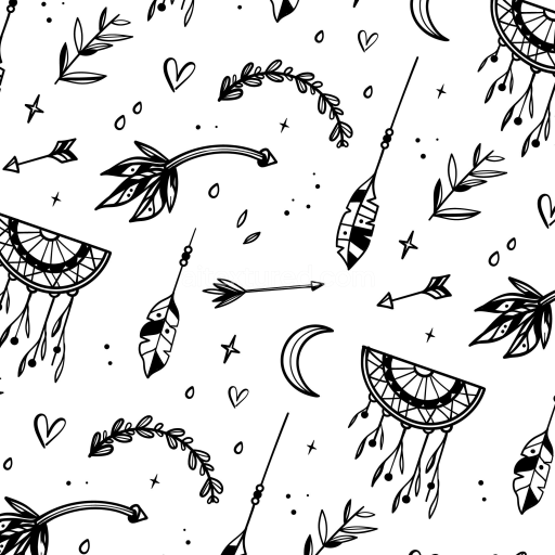 Seamless 3D PBR Black and White Boho Pattern Texture with Feathers and Dreamcatchers