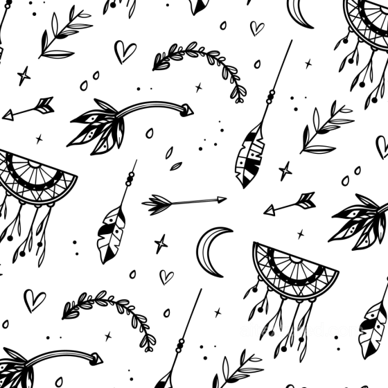 Black and White Boho Pattern Texture with Feathers and Dreamcatchers White & Black texture preview
