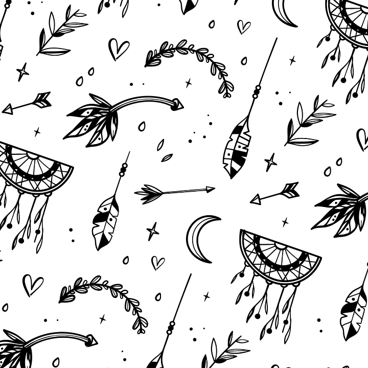 Black and White Boho Pattern with Feathers and Dreamcatchers seamless PBR texture preview