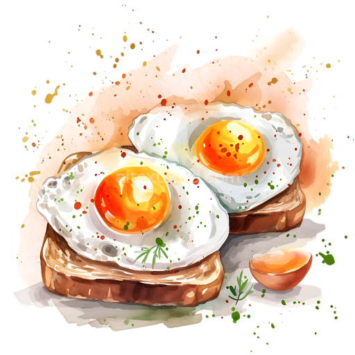 Watercolor Style Fried Eggs on Toast Breakfast Illustration