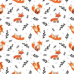 Pattern Bundle - Seamless 3D Pattern PBR Texture with Playful Cartoon Foxes and Black Leaf Motifs texture preview