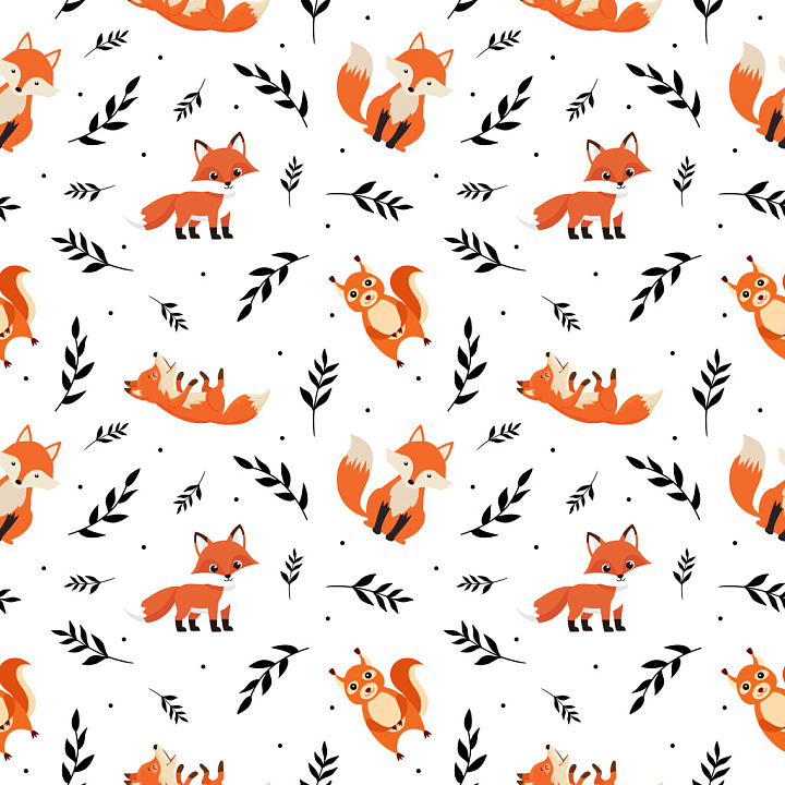 Pattern with Playful Cartoon Foxes and Black Leaf Motifs seamless PBR texture preview