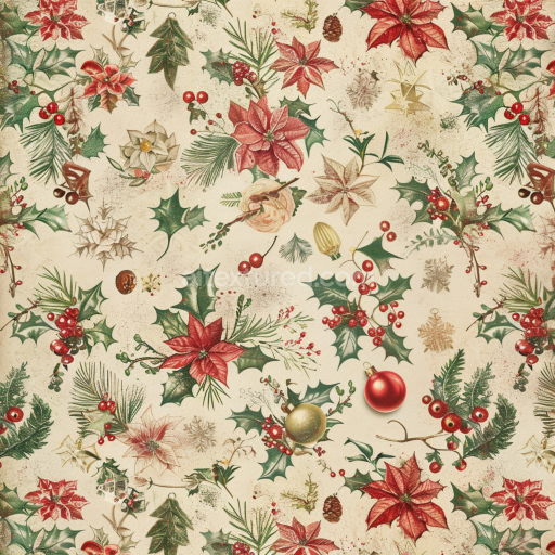 Seamless 3D PBR Texture of Vintage Christmas Floral and Ornament Pattern
