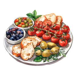 seamless Mediterranean Breakfast Platter with Olives, Cherry Tomatoes, and Bread - Watercolor Style texture 8k free download PBR