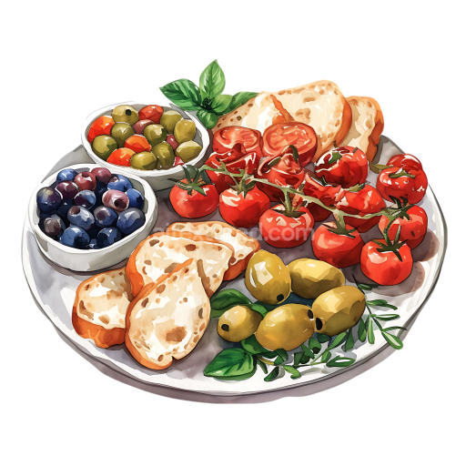 Mediterranean Breakfast Platter with Olives, Cherry Tomatoes, and Bread - Watercolor Style