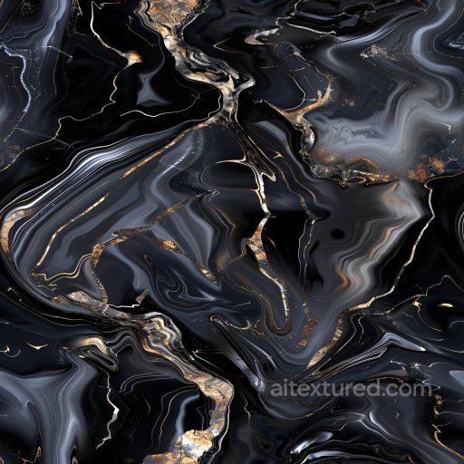 Seamless 3D PBR Glossy Black Marble Texture with Gold Veining and Fluid Highlights texture preview