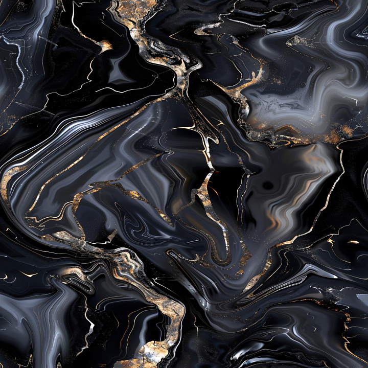 Glossy Black Marble with Gold Veining and Fluid Highlights seamless PBR texture preview