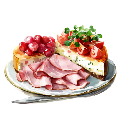 Breakfast Platter with Ham and Baked Ricotta Cheesecake Featuring Cherry Tomatoes and Grapes
