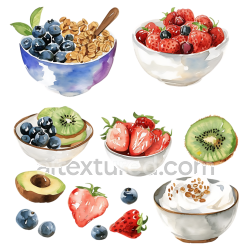 seamless Watercolor Style Breakfast Bowls with Granola, Berries, Kiwi, and Avocado texture 8k free download PBR