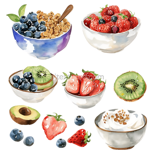 Watercolor Style Breakfast Bowls with Granola, Berries, Kiwi, and Avocado