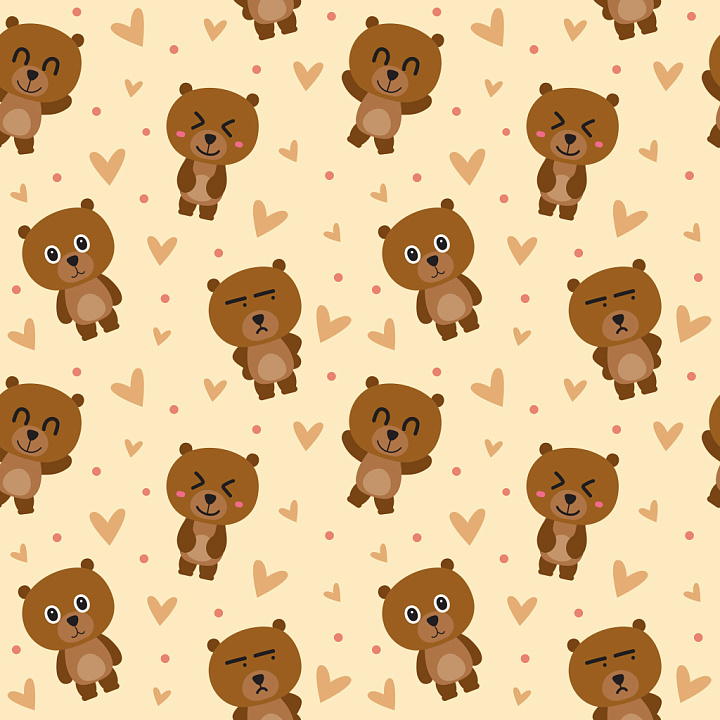 Pattern Featuring Adorable Bear Emoticon Characters with Playful Hearts seamless PBR texture preview