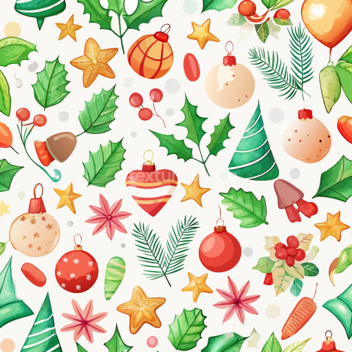 Seamless 3D PBR Watercolor Christmas Pattern Texture with Festive Ornaments and Foliage