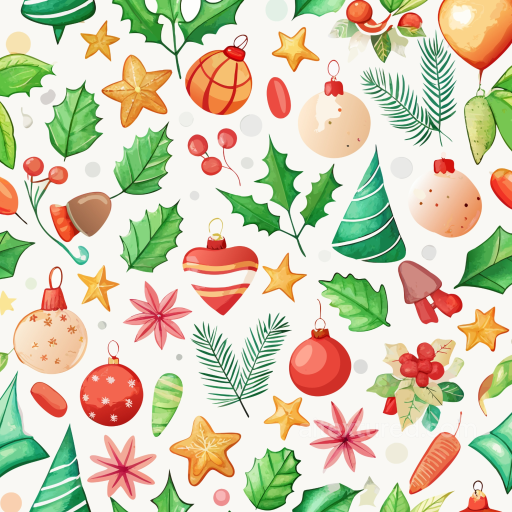 Watercolor Christmas Pattern Texture with Festive Ornaments and Foliage seamless Watercolor Christmas PBR texture