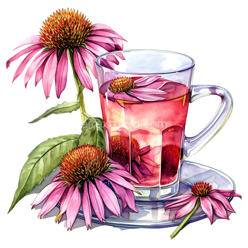 Echinacea Tea Glass and Purple Coneflowers Breakfast Illustration