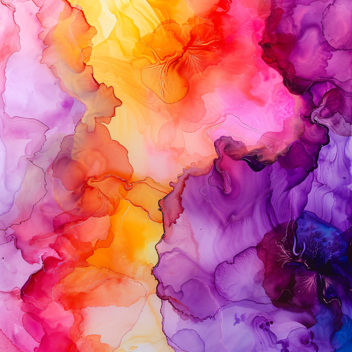 Alcohol Ink with Vibrant Orange and Purple Fluid Swirls seamless PBR texture preview