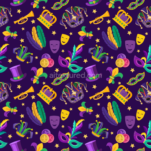Pattern Bundle - Seamless 3D Mardi Gras Pattern PBR Texture Featuring Colorful Masks, Feathers & Festive M… texture preview