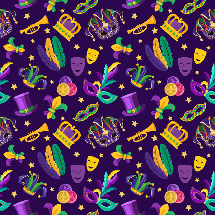 Mardi Gras Pattern Featuring Colorful Masks, Feathers & Festive Motifs seamless PBR texture preview