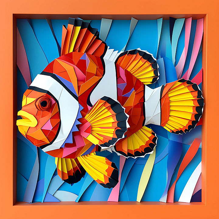 Animal of Origami-Style Clown Fish with Bright Orange and Yellow Fins seamless PBR texture preview