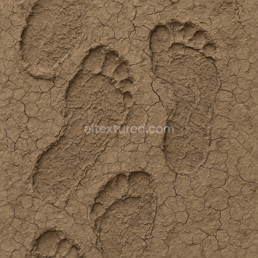 Seamless 3d texture pbr 8k muddy footprints closeup with footprint cracking on dry mud